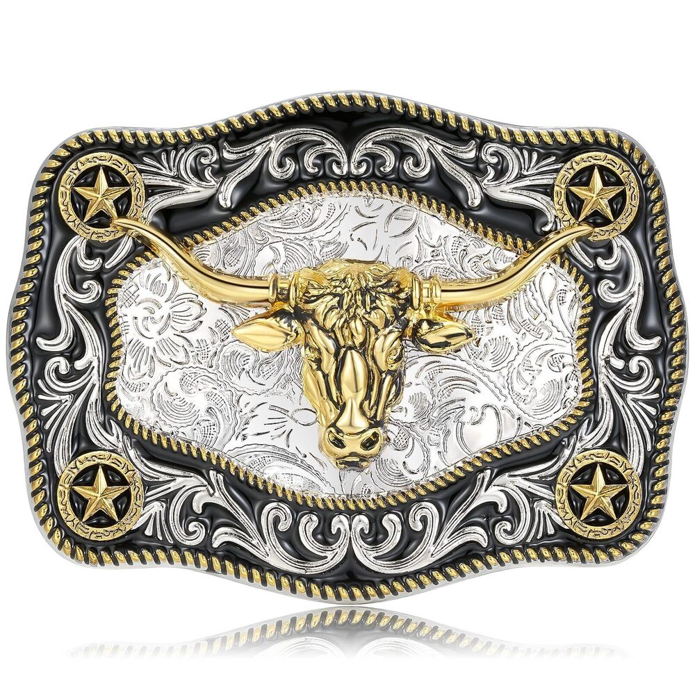 5237 Western Belt Buckle Gold Longhorn Bull Cowboy Rodeo Texas Belt Buckle